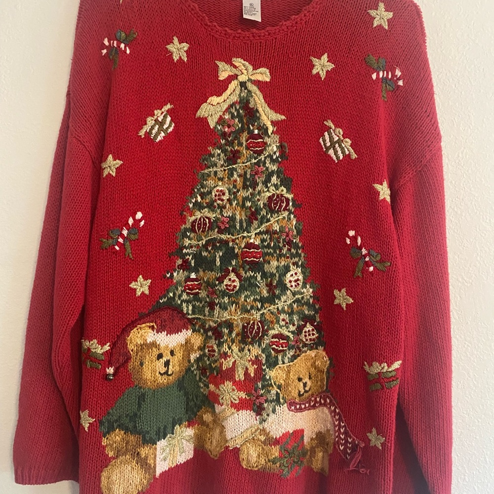 Vintage Tiara International Red Ugly Christmas Tree Teddy Bears Sweater Size XL